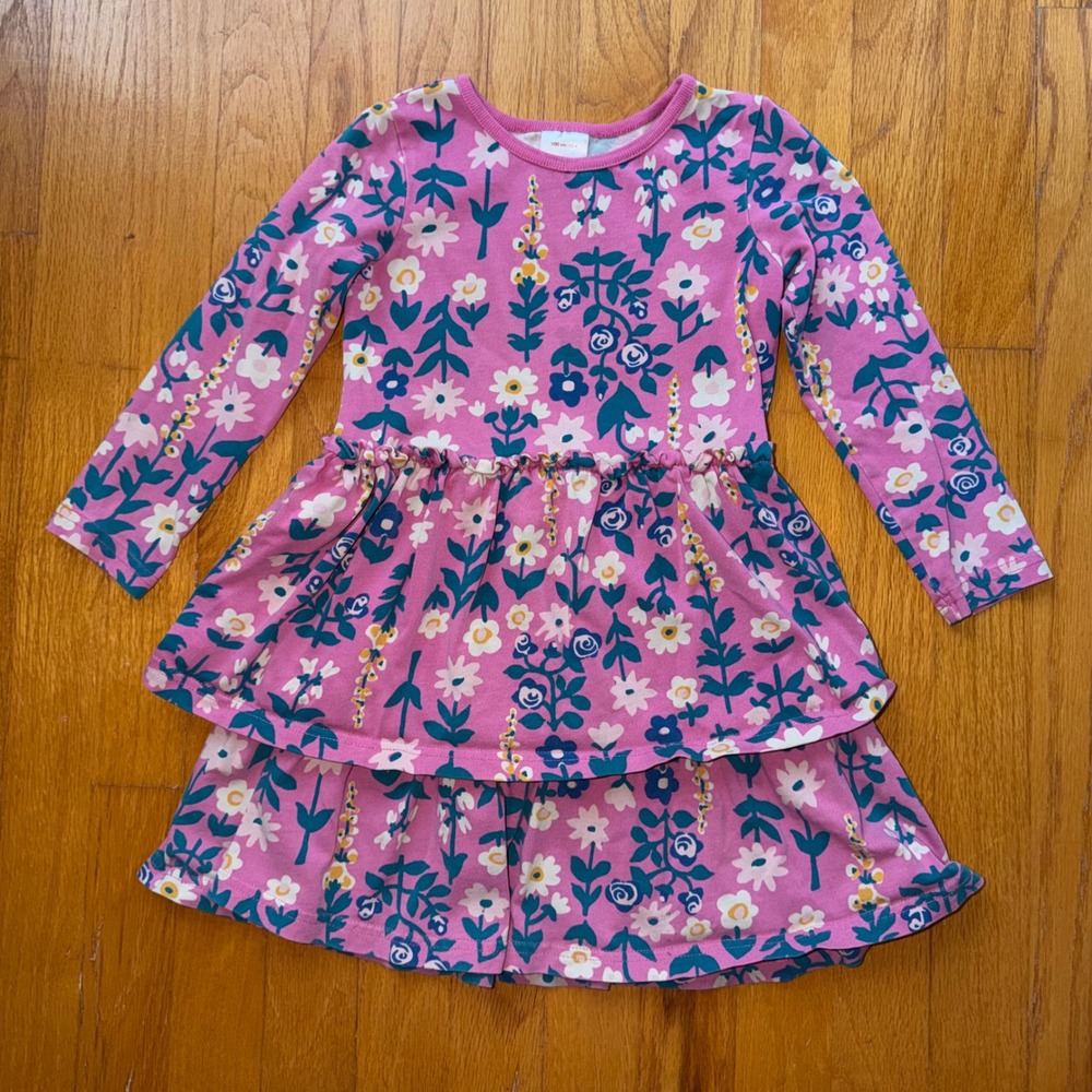 Hanna Andersson Girls Pink Floral Tiered Long Sleeve Cotton Dress Size 4 / 100